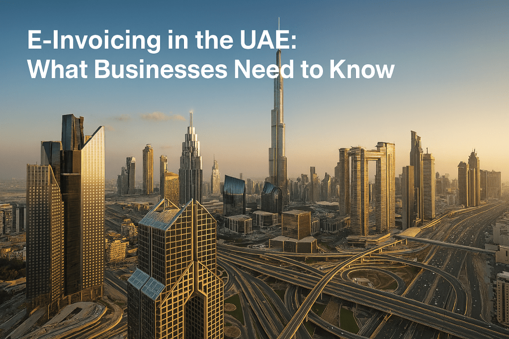 Dubai skyline with digital invoice overlay—UAE e‑invoicing and PEPPOL 5‑corner model